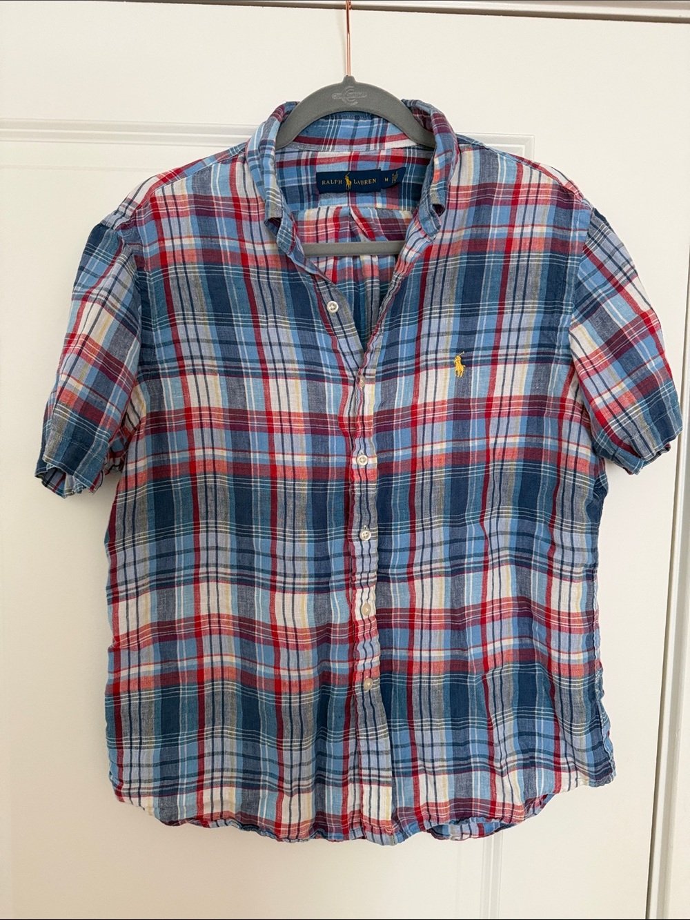 Ralph Lauren Short-Sleeve Plaid Button-Up in Blue, Red & White